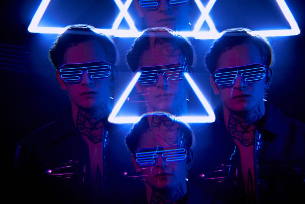 repeating image of man in flashing goggles