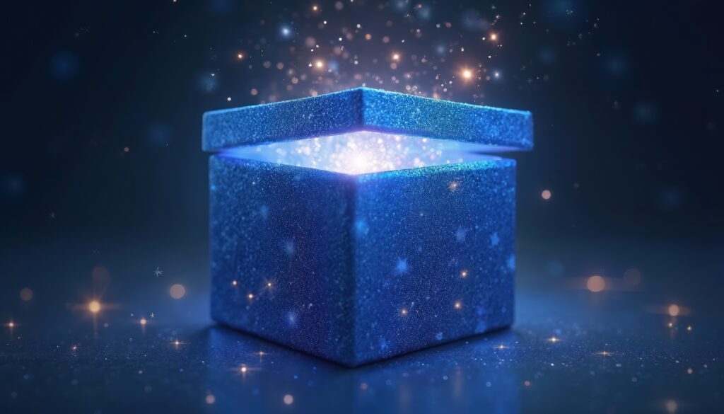 blue open gift box emits bright light and sparkles. magic glow emanates from inside dark container. festive particles float around digital present. cyberpunk surprise concept.