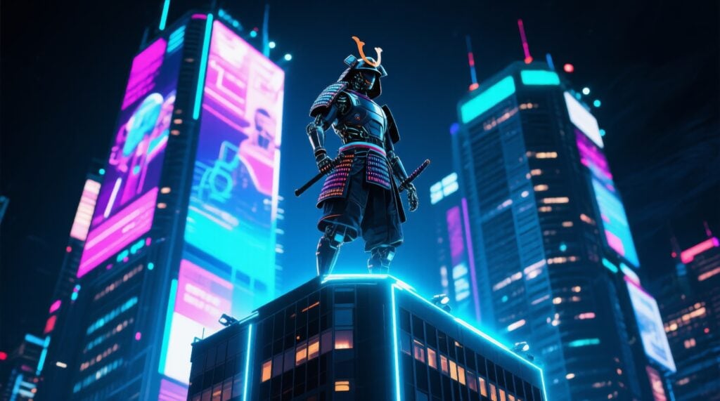 futuristic samurai warrior standing on rooftop in neon cityscape