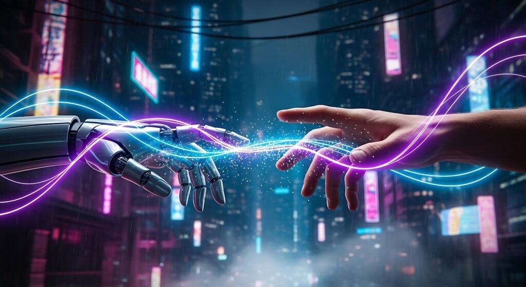 human hand touching robotic hand with neon connections in futuristic city