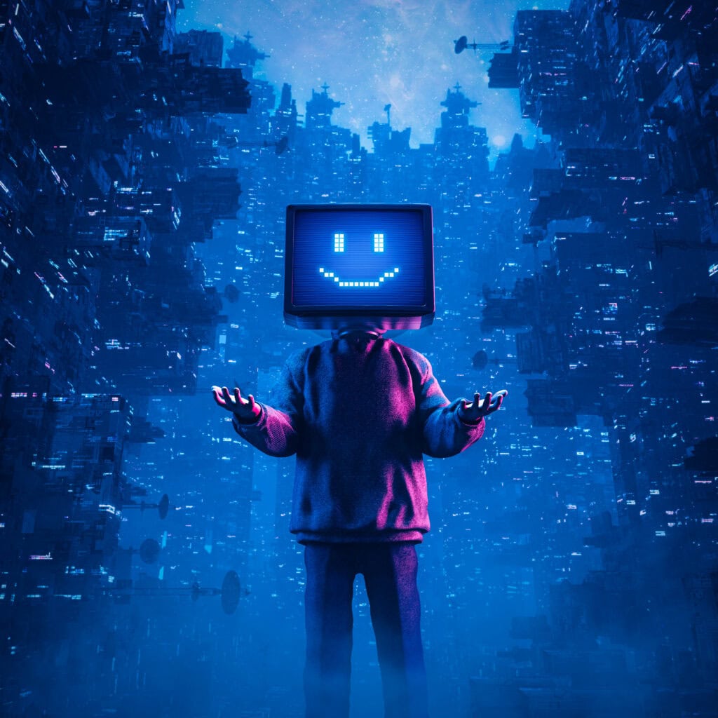 gamer monitor head smiley media concept 3d illustration of hoodie wearing character with smiling computer display face standing in futuristic cyberpunk city